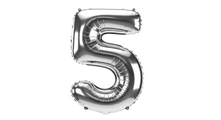 Shiny silver number 5 balloon isolated PNG on transparent background, festive party decoration for birthday or anniversary celebration © Irina