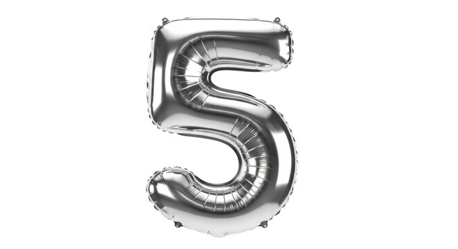 Shiny silver number 5 balloon isolated PNG on transparent background, festive party decoration for birthday or anniversary celebration