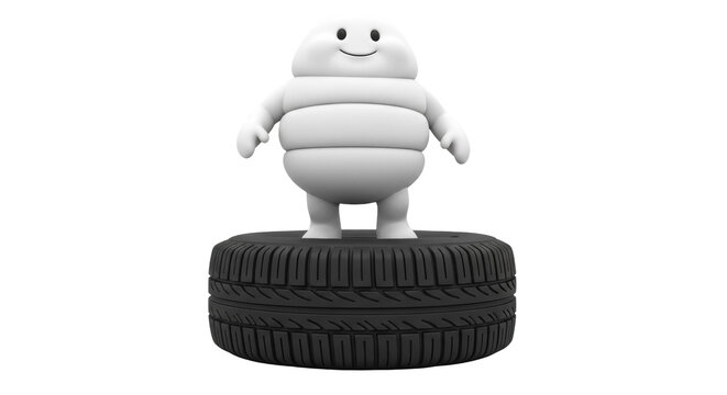 Michelin Man standing on a tire isolated PNG, Bibendum character on transparent background, tire advertisement mascot for automotive industry