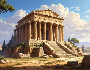 Fototapeta premium Majestic Ancient Temple Ruins under a Bright Sky, An Artistic Impression