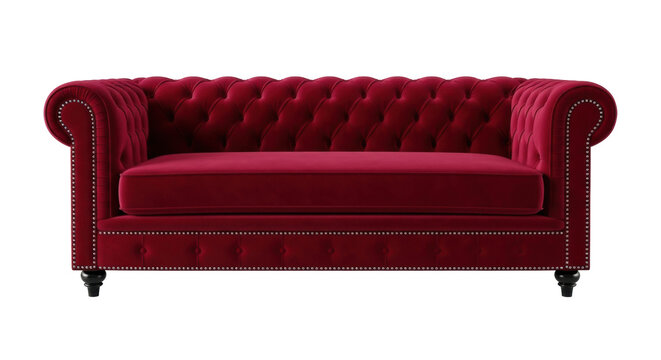 Elegant red velvet Chesterfield sofa isolated PNG, luxurious tufted couch with nailhead trim for living room or lounge area decor
