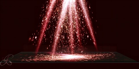 A vibrant red light beam shoots upwards from a dark surface with sparks flying everywhere in a mesmerizing display