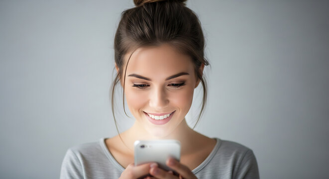 Souriante jeune femme moderne utilisant son smartphone tactile connect&eacute;e sur un fond studio minimaliste &eacute;pur&eacute; avec une expression joyeuse et positive de bonheur technologique quotidien.