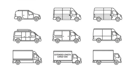 Collection of different types of vans and trucks in outline style. © Arga