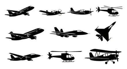 Collection of diverse aircraft silhouettes for aviation themes. © Arga