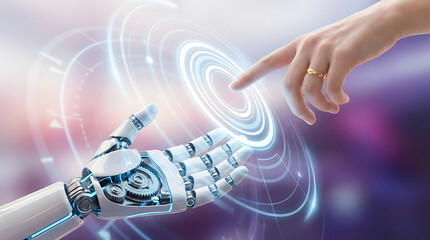 A human hand with a ring interacts with a sophisticated white robotic hand creating a glowing digital light interface This represents advanced artific