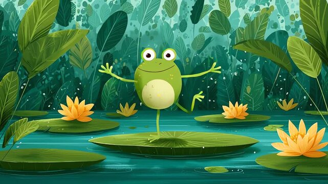 Dancing Frog on a Lily Pad Cartoon Illustration
