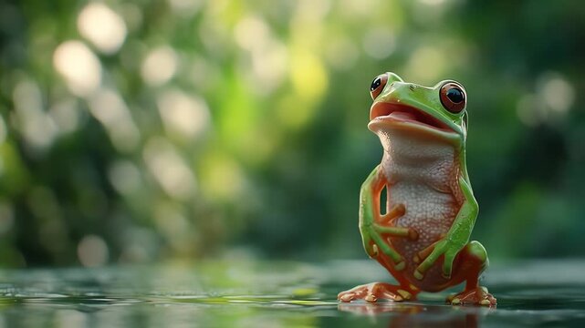 Cute animated frog yawning in jungle pond environment