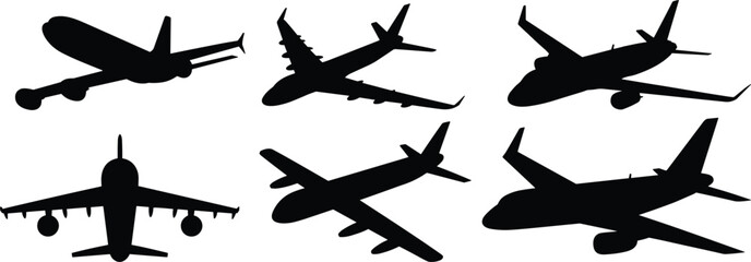 Commercial airplane silhouette icon set showing passenger aircraft from multiple angles in black vector style for aviation, travel, and transport design