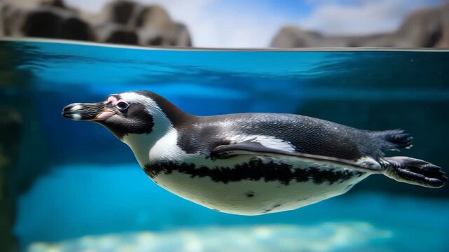a penguin swimming gracefully underwater in a large transparent aquarium at Wroclaw Zoo, full body visible in side profile gliding 4K