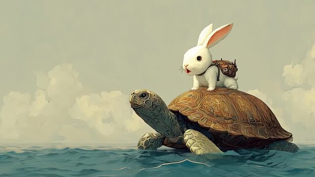 Adventurous white rabbit riding a giant sea turtle traveling the ocean