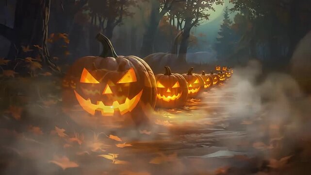 A row of glowing carved pumpkins are lined up on a path in a spooky forest at night.