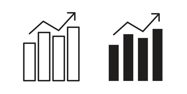 Growing graph icons vector symbol with editable stroke and flat versions