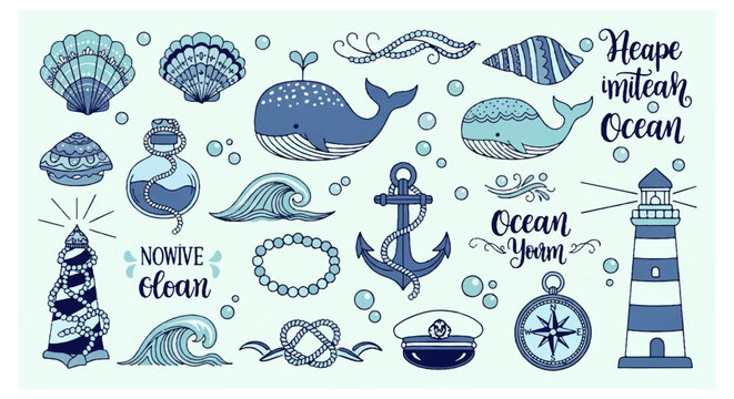 Monochromatic ocean themed nautical icons set with lighthouse whale anchor and sea creatures on light blue background