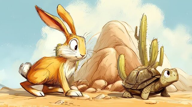 The Hare and the Tortoise Cartoon Illustration in Desert Landscape