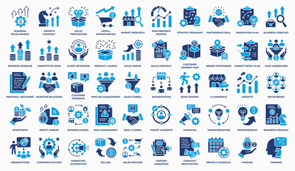 Development Icon Set. With business, strategy, market, innovation, deal, development, growth, financial, planning, selling and investment icon. Flat Vector Illustration.