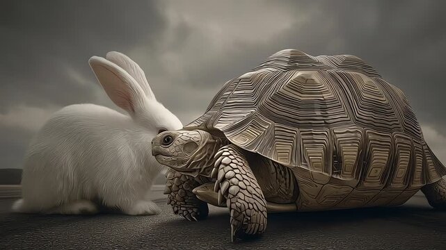 White Rabbit and Giant Tortoise Confrontation on Road Under Stormy Sky