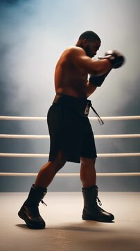 Vertical black fighter on boxing ring in smoke and light symbolizing inner strength mindset power and overcoming fear mental focus 4k