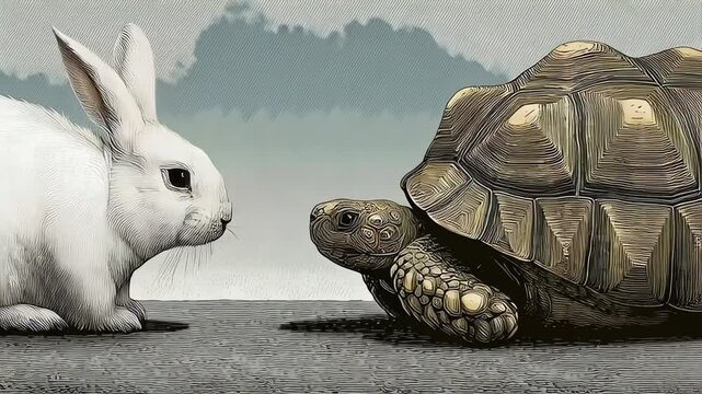 Rabbit and Tortoise Face Off Etching Style Fable Illustration