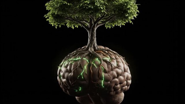 A vibrant green tree growing out of a human brain with glowing roots, symbolizing knowledge and growth.