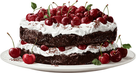 Decadent Chocolate Cake Adorned with Luscious Cherries and Whipped Cream Garnish