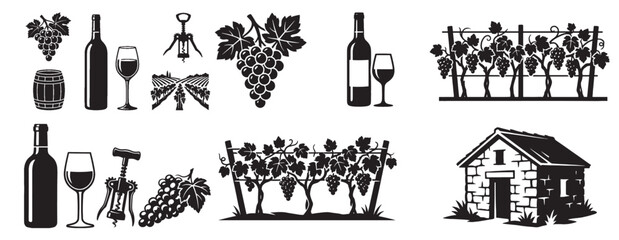 Vineyard and winery element set includes grape clusters, wine bottles, and stone cottages in a black vector illustration. © trianatio