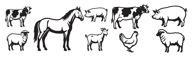 Obraz premium Farm animal livestock collection features cows, horses, pigs, and sheep in a black and white vector style.