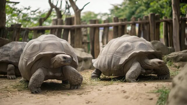 giant tortoises, tortoise group, giant turtle, wildlife sanctuary, reptile, slow animals, land tortoise, conservation, nature reserve, endangered species, dry habitat, zoology, outdoor scene