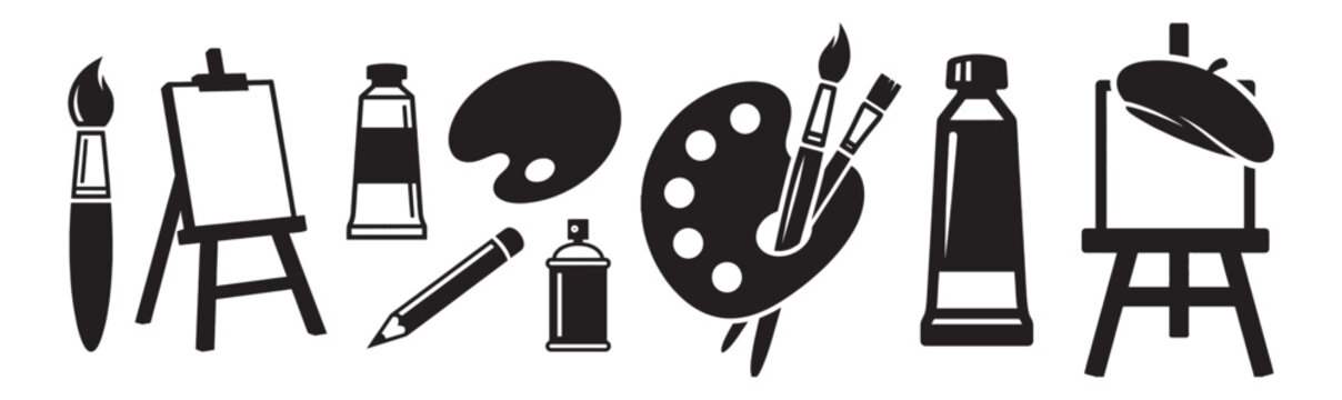Artist supply collection includes paintbrushes, palettes, and easels in a monochrome creative vector style.