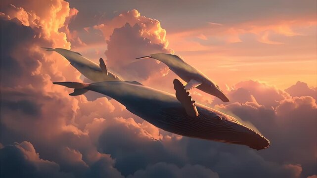 Whales flying through dramatic golden sunset clouds surreal fantasy