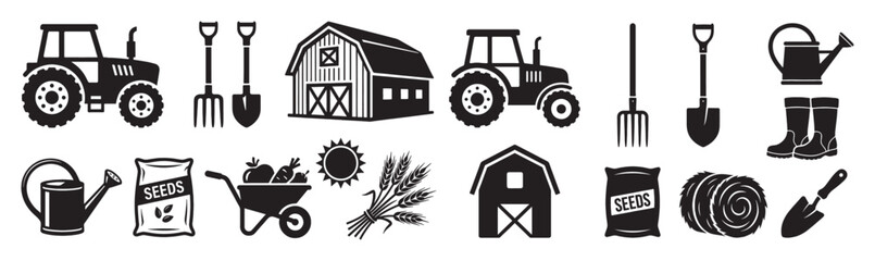 Farming agriculture icon set features tractors, barns, and gardening tools in a black and white vector style. © trianatio