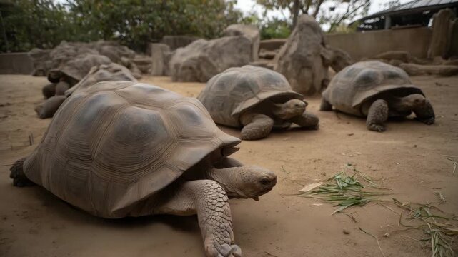 giant tortoises, tortoise group, giant turtle, wildlife sanctuary, reptile, slow animals, land tortoise, conservation, nature reserve, endangered species, dry habitat, zoology, outdoor scene