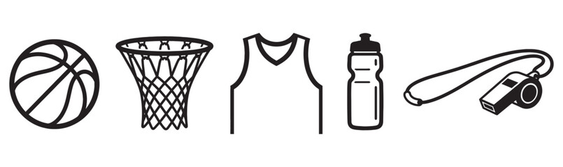 Basketball sport equipment set features ball, hoop net, jersey, and whistle in a black vector line style.