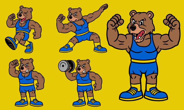 Grizzly Bear Wrestling Mascot Character Set