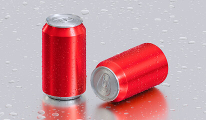 A red aluminum soda can covered in condensation, resting on a surface with scattered water drops