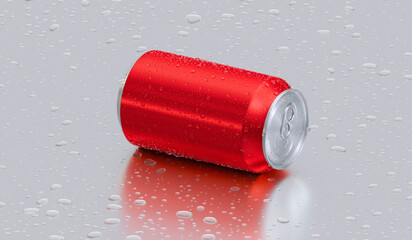 A red aluminum soda can covered in condensation, resting on a surface with scattered water drops
