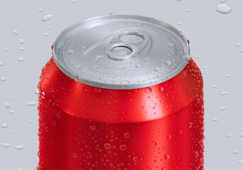 A red aluminum soda can covered in condensation, resting on a surface with scattered water drops