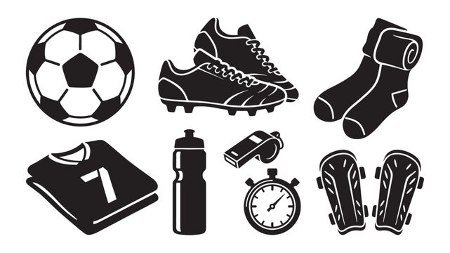 Soccer football equipment set features ball, cleats, jersey, and shin guards in a black vector style.