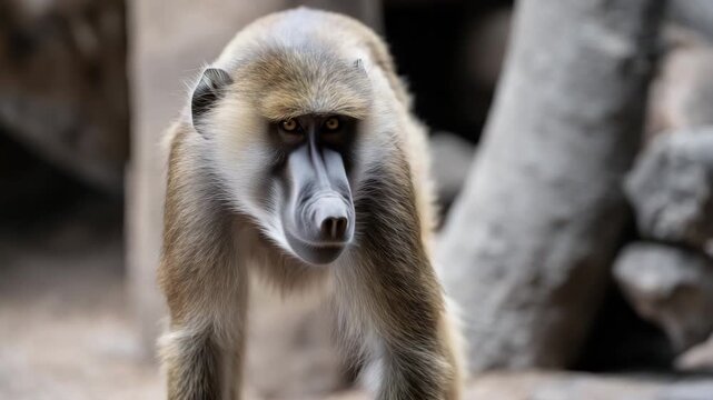 yellow baboon walking across earthy zoo enclosure with sparse grass and rocks, wide eye-level view showing full body mid-stride 4K