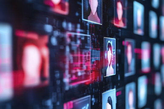 Digital face recognition technology displays various user profiles vibrant, high tech interface, showcasing modern