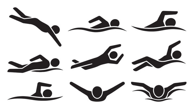 Swimming sport icon set features stick figures performing various strokes in a black vector pictogram style.