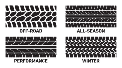 Tire tread pattern set features off-road, winter, and performance track textures in a black vector style. © trianatio