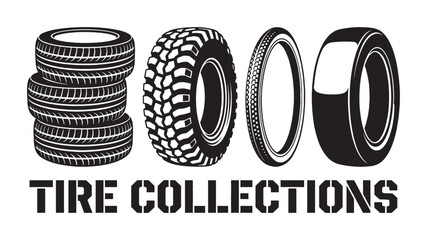 Automotive tire collection features stacked rubber wheels and side profiles in a black vector stencil style. © trianatio