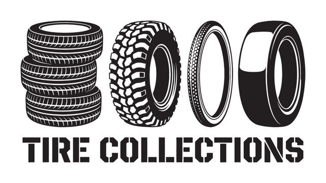 Automotive tire collection features stacked rubber wheels and side profiles in a black vector stencil style.