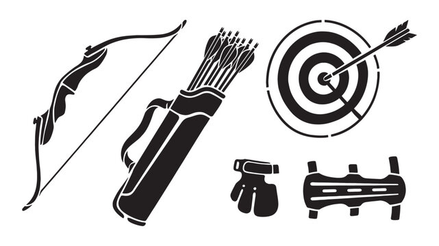 Archery sport set includes recurve bows, quivers, targets, and protective gear in a black vector silhouette.