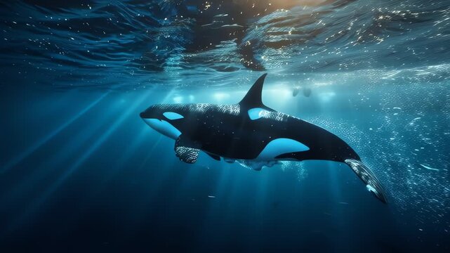 Majestic Orca Killer Whale Swimming Underwater with Sunbeams