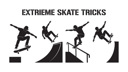 Extreme skate tricks silhouette set features skateboarders jumping on ramps and rails in a black vector style.