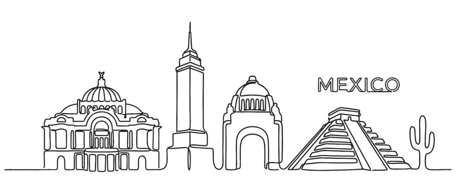 Mexico skyline continuous line drawing features Chichen Itza pyramid, cactus, and Palacio de Bellas Artes.