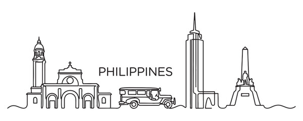 Philippines Manila skyline continuous line drawing features a Jeepney, Rizal Monument, and skyscrapers. © trianatio