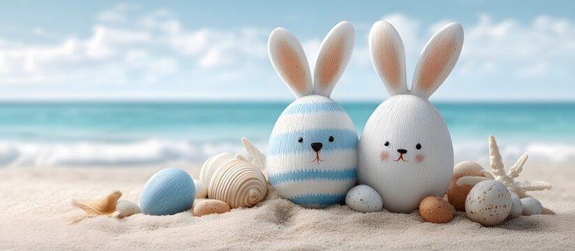 Easter bunnies on the beach with white sand and seashells. Happy Easter concept